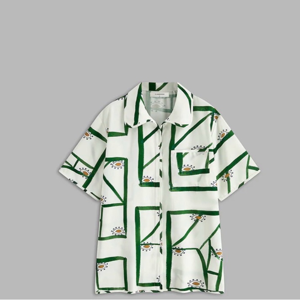 Commense White and Green Geometric Button Down Shirt